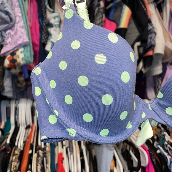 Blue with green polka dots Retro y2k bra Lined Demi bra perfect shape size 32b - Picture 4 of 8